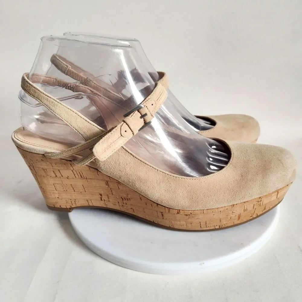 Via Spiga Gracie Mary Jane Sandals Size 8.5 Beige Leather Cork Wedge Closed Toe
